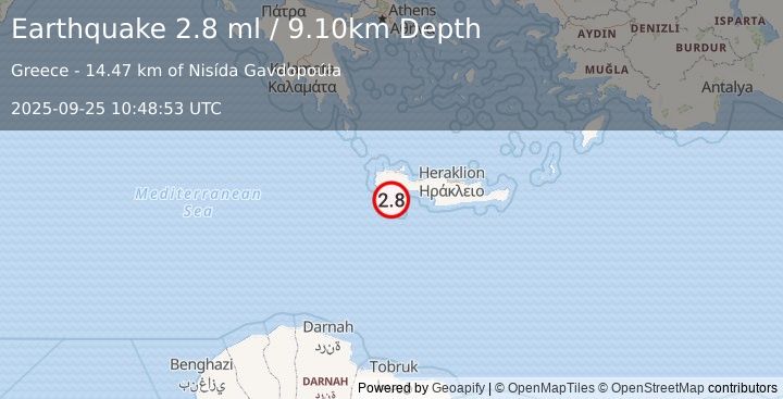 Earthquake CRETE, GREECE (2.8 ml) (2025-09-25 10:48:53 UTC)