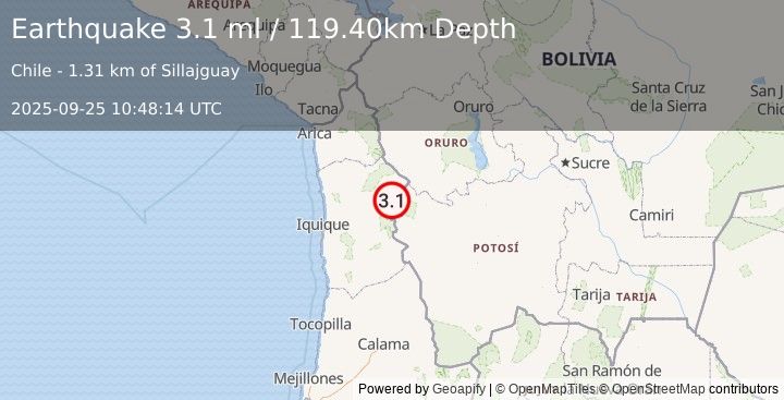Earthquake TARAPACA, CHILE (3.1 ml) (2025-09-25 10:48:14 UTC)