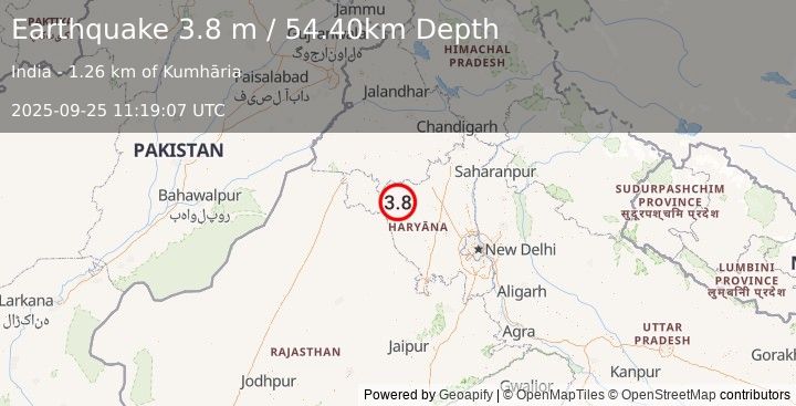 Earthquake HARYANA - PUNJAB REGION, INDIA (3.8 m) (2025-09-25 11:19:07 UTC)