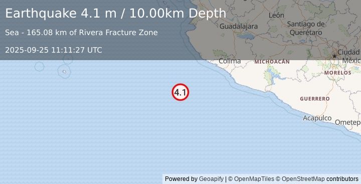 Earthquake OFF COAST OF JALISCO, MEXICO (4.1 m) (2025-09-25 11:11:27 UTC)