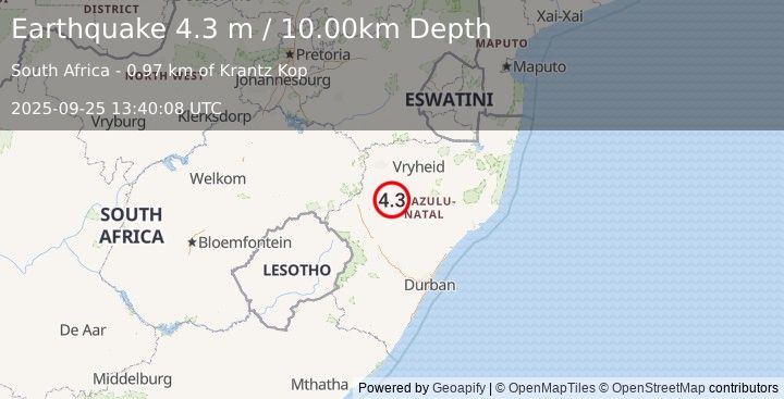 Earthquake SOUTH AFRICA (4.3 m) (2025-09-25 13:40:08 UTC)