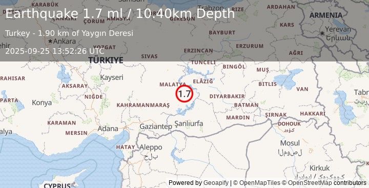 Earthquake EASTERN TURKEY (1.7 ml) (2025-09-25 13:52:26 UTC)