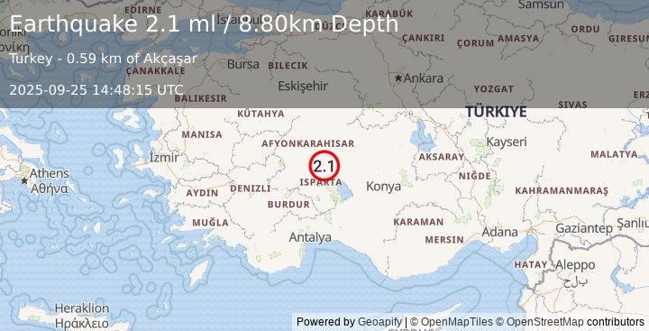 Earthquake WESTERN TURKEY (2.1 ml) (2025-09-25 14:48:15 UTC)