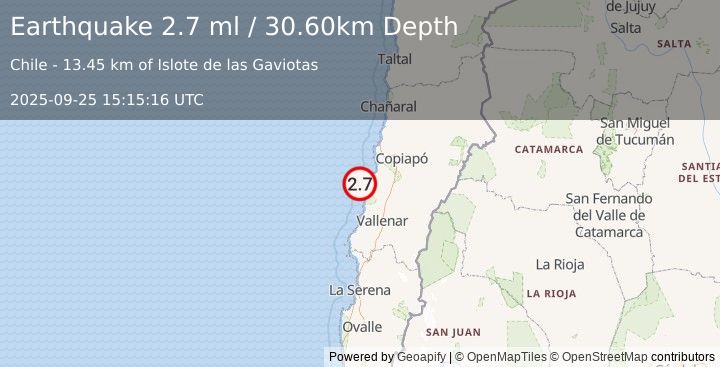 Earthquake OFFSHORE ATACAMA, CHILE (2.7 ml) (2025-09-25 15:15:16 UTC)