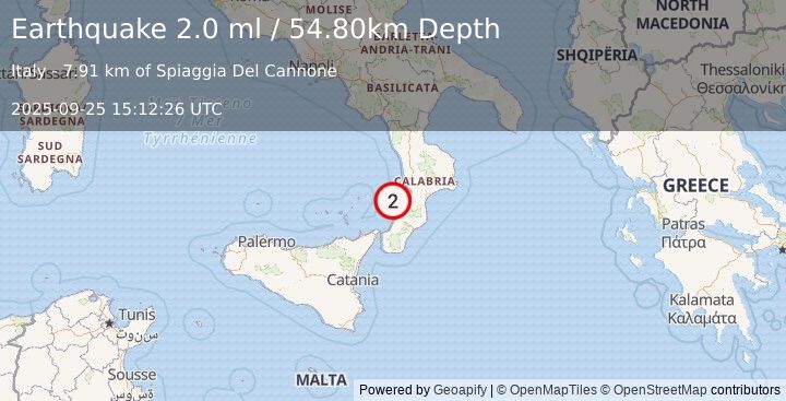 Earthquake SICILY, ITALY (2.0 ml) (2025-09-25 15:12:26 UTC)