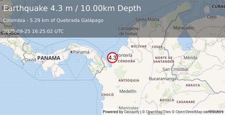 Earthquake NEAR NORTH COAST OF COLOMBIA (4.3 m) (2025-09-25 16:25:02 UTC)