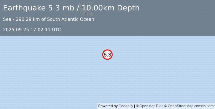 Earthquake SOUTHERN MID-ATLANTIC RIDGE (5.1 mb) (2025-09-25 17:02:09 UTC)