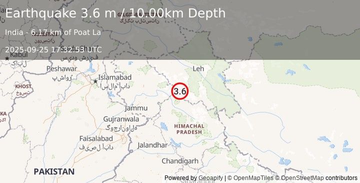 Earthquake KASHMIR-INDIA BORDER REGION (3.6 m) (2025-09-25 17:32:53 UTC)