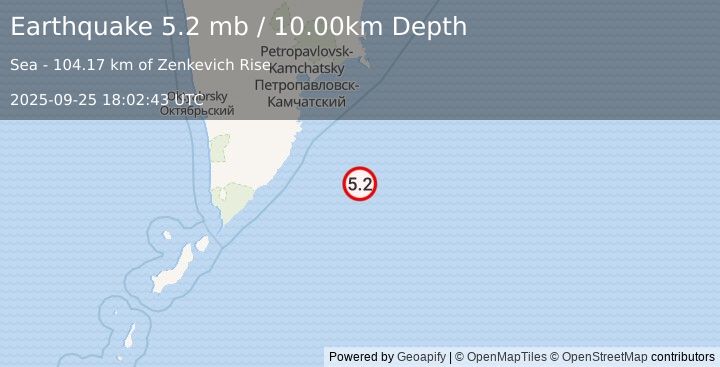Earthquake OFF EAST COAST OF KAMCHATKA (5.0 mb) (2025-09-25 18:02:42 UTC)