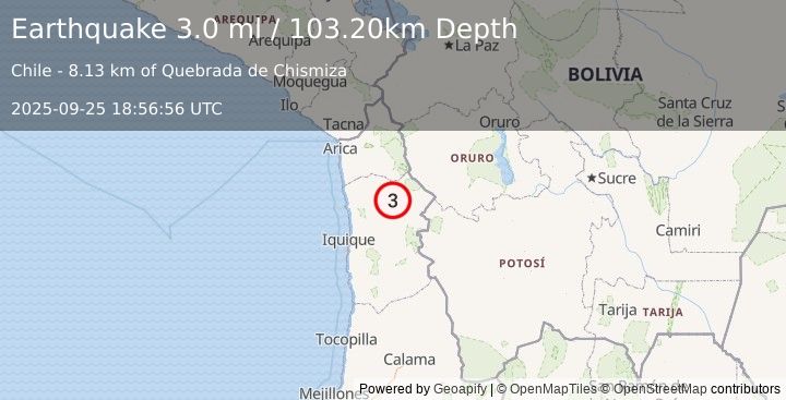 Earthquake TARAPACA, CHILE (3.0 ml) (2025-09-25 18:56:56 UTC)