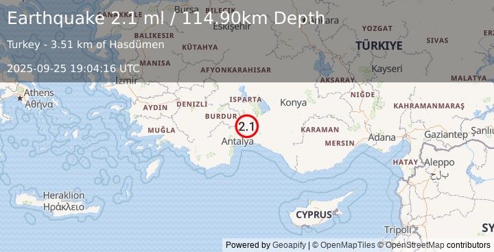 Earthquake WESTERN TURKEY (2.1 ml) (2025-09-25 19:04:16 UTC)
