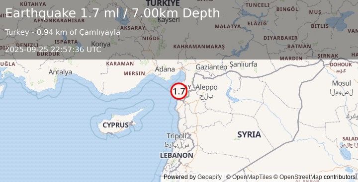 Earthquake CENTRAL TURKEY (1.7 ml) (2025-09-25 22:57:36 UTC)