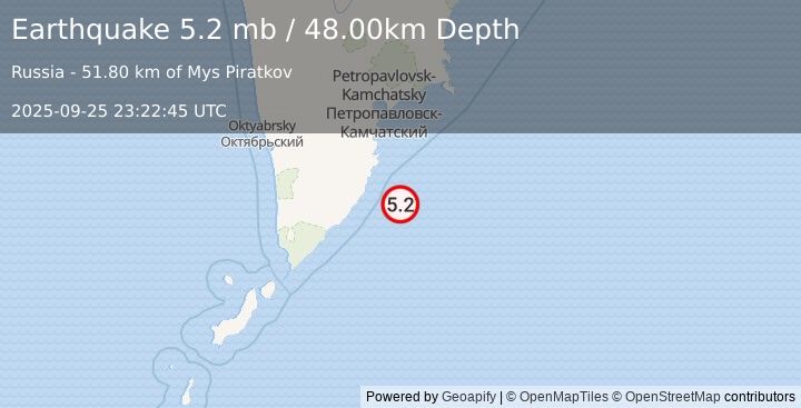 Earthquake OFF EAST COAST OF KAMCHATKA (5.1 mb) (2025-09-25 23:22:37 UTC)