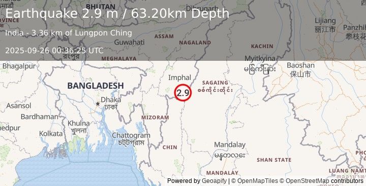 Earthquake MYANMAR-INDIA BORDER REGION (3.1 m) (2025-09-26 00:36:22 UTC)