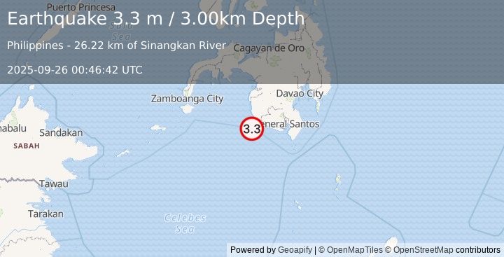 Earthquake MINDANAO, PHILIPPINES (3.3 m) (2025-09-26 00:46:42 UTC)