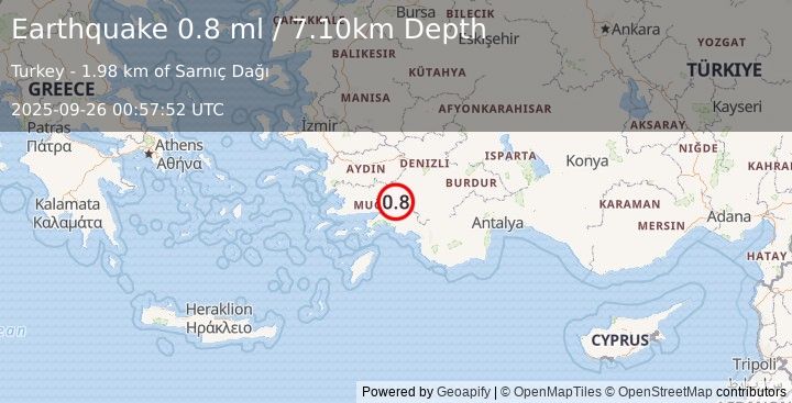 Earthquake WESTERN TURKEY (0.8 ml) (2025-09-26 00:57:52 UTC)