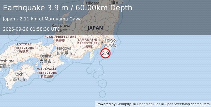 Earthquake NEAR EAST COAST OF HONSHU, JAPAN (3.9 m) (2025-09-26 01:58:30 UTC)