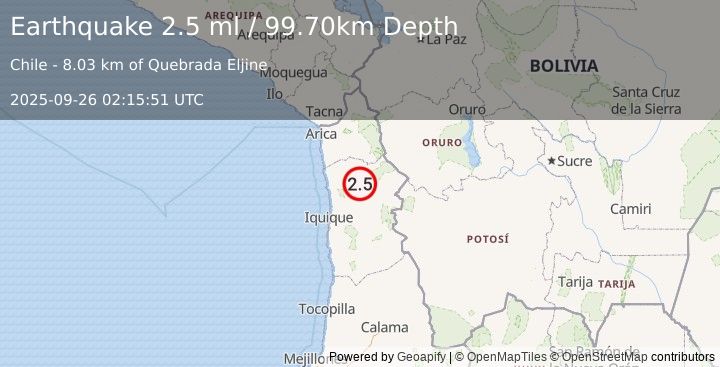 Earthquake TARAPACA, CHILE (2.5 ml) (2025-09-26 02:15:52 UTC)