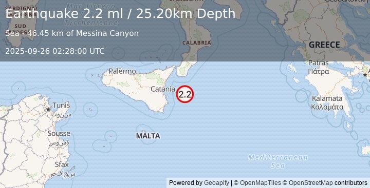 Earthquake IONIAN SEA (2.2 ml) (2025-09-26 02:28:00 UTC)