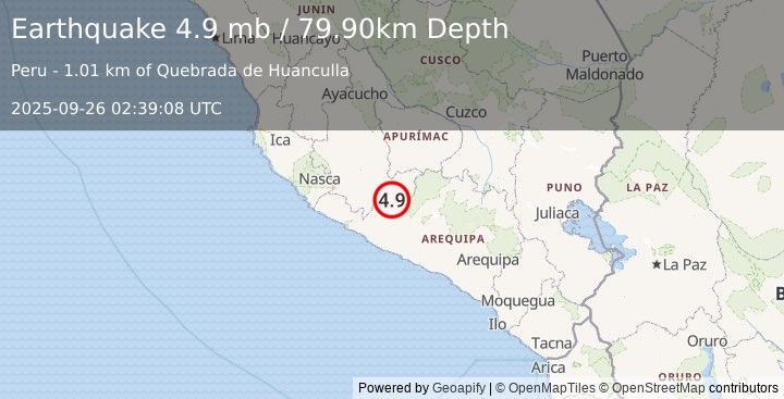 Earthquake SOUTHERN PERU (4.9 mb) (2025-09-26 02:39:08 UTC)