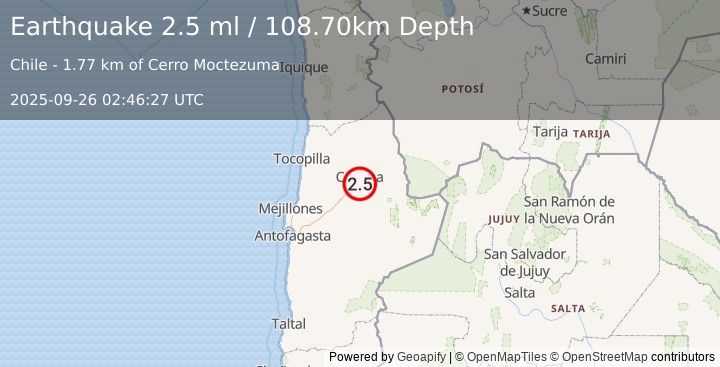 Earthquake ANTOFAGASTA, CHILE (2.5 ml) (2025-09-26 02:46:27 UTC)