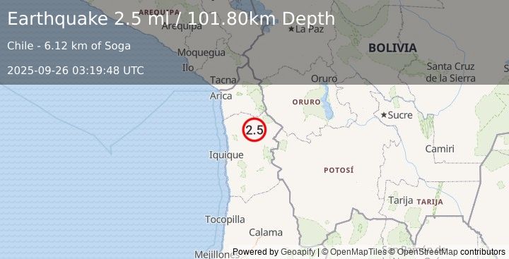 Earthquake TARAPACA, CHILE (2.5 ml) (2025-09-26 03:19:48 UTC)