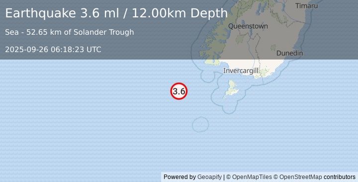 Earthquake OFF W. COAST OF S. ISLAND, N.Z. (3.6 ml) (2025-09-26 06:18:23 UTC)
