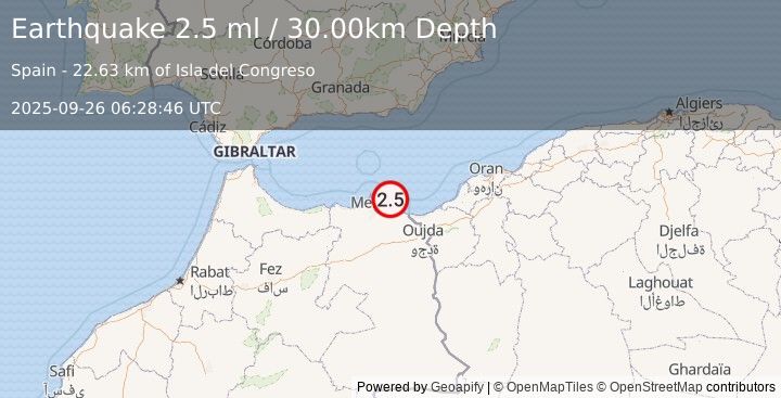 Earthquake STRAIT OF GIBRALTAR (2.5 ml) (2025-09-26 06:28:46 UTC)