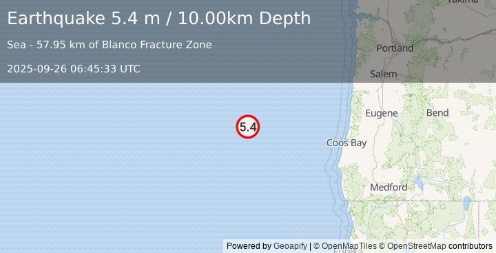 Earthquake OFF COAST OF OREGON (5.9 mw) (2025-09-26 06:45:29 UTC)