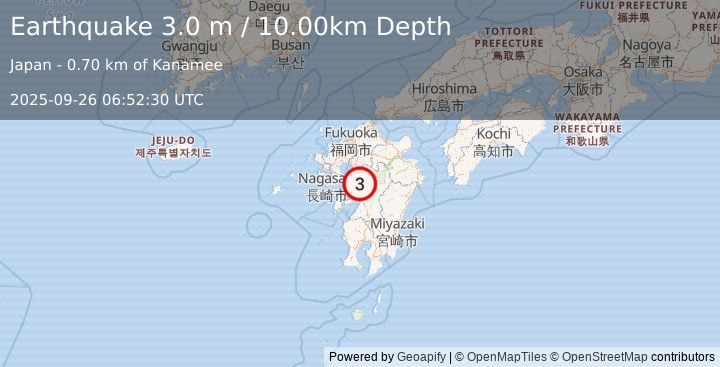 Earthquake KYUSHU, JAPAN (3.0 m) (2025-09-26 06:52:30 UTC)