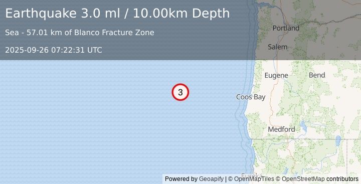 Earthquake OFF COAST OF OREGON (3.0 ml) (2025-09-26 07:22:31 UTC)