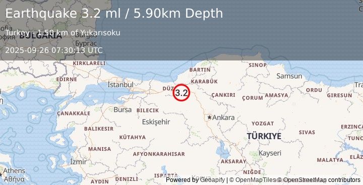 Earthquake WESTERN TURKEY (3.1 ml) (2025-09-26 07:30:14 UTC)