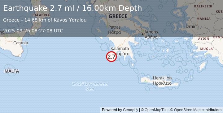 Earthquake SOUTHERN GREECE (2.7 ml) (2025-09-26 08:27:08 UTC)