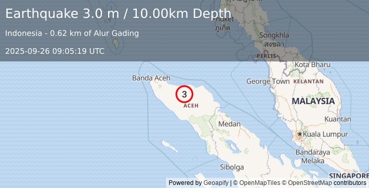 Earthquake NORTHERN SUMATRA, INDONESIA (3.0 m) (2025-09-26 09:05:19 UTC)