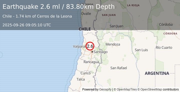 Earthquake REGION METROPOLITANA, CHILE (2.6 ml) (2025-09-26 09:05:10 UTC)