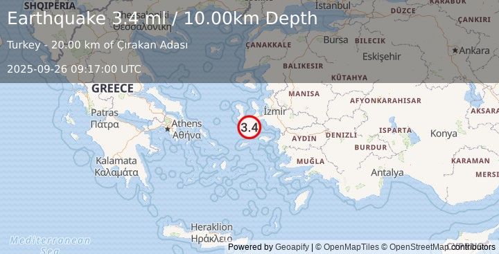 Earthquake DODECANESE ISLANDS, GREECE (3.4 ml) (2025-09-26 09:16:58 UTC)