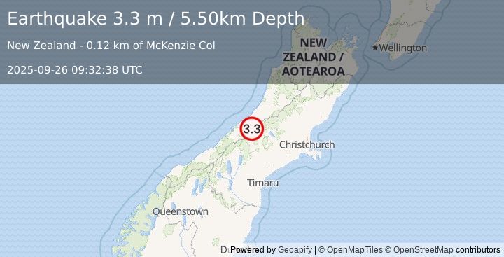 Earthquake SOUTH ISLAND OF NEW ZEALAND (3.3 m) (2025-09-26 09:32:38 UTC)