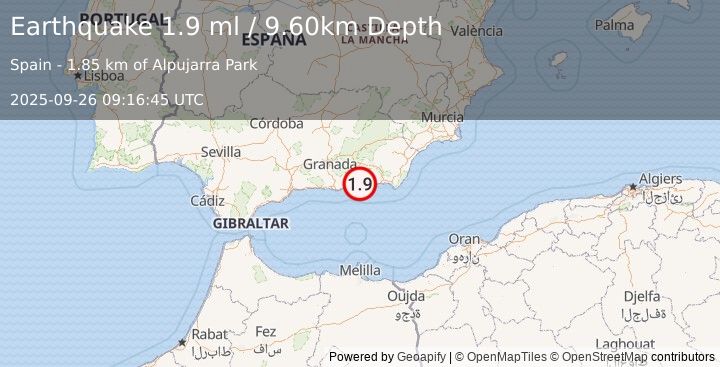 Earthquake STRAIT OF GIBRALTAR (1.9 ml) (2025-09-26 09:16:45 UTC)