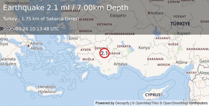 Earthquake WESTERN TURKEY (2.1 ml) (2025-09-26 10:13:48 UTC)