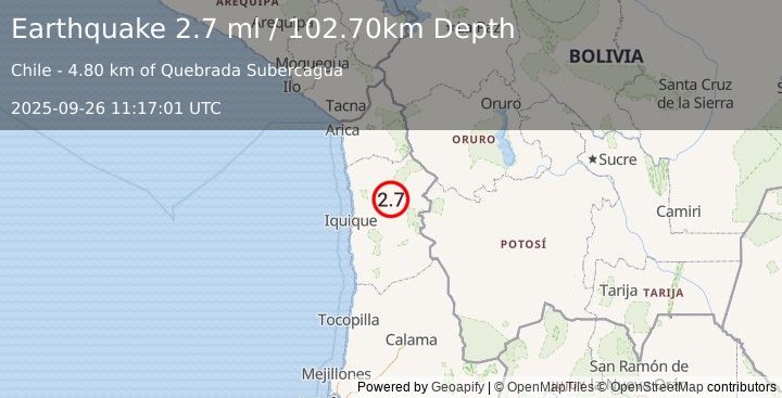 Earthquake TARAPACA, CHILE (2.7 ml) (2025-09-26 11:17:01 UTC)