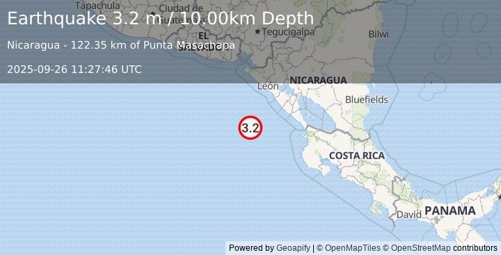 Earthquake NEAR COAST OF NICARAGUA (3.2 m) (2025-09-26 11:27:46 UTC)