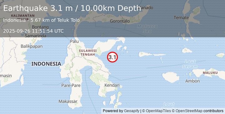 Earthquake SULAWESI, INDONESIA (3.1 m) (2025-09-26 11:51:54 UTC)