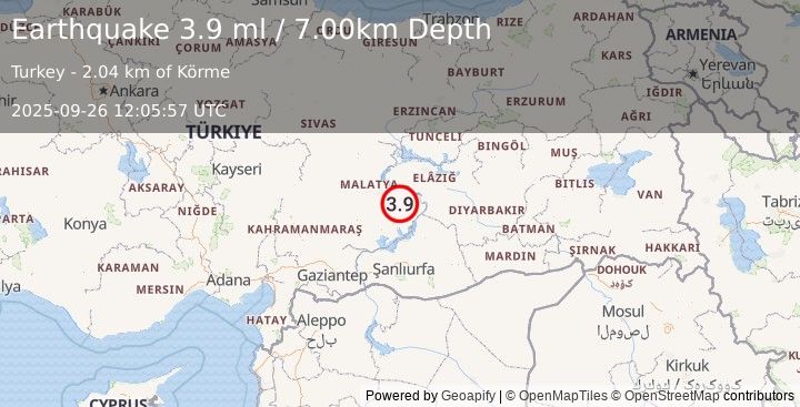 Earthquake EASTERN TURKEY (3.9 ml) (2025-09-26 12:05:57 UTC)