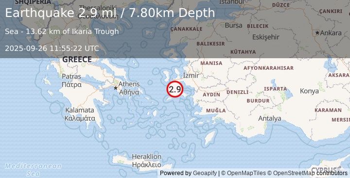 Earthquake DODECANESE ISLANDS, GREECE (3.1 ml) (2025-09-26 11:55:20 UTC)