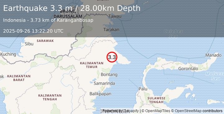 Earthquake KALIMANTAN, INDONESIA (3.3 m) (2025-09-26 13:22:20 UTC)
