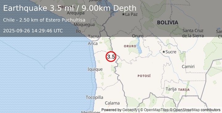 Earthquake TARAPACA, CHILE (3.5 ml) (2025-09-26 14:29:46 UTC)