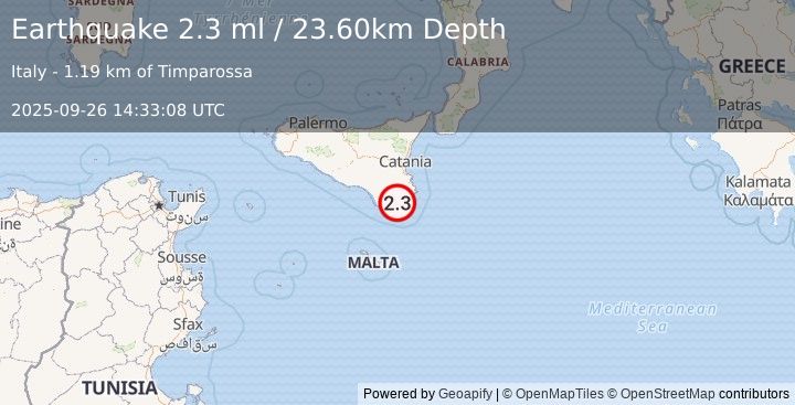 Earthquake SICILY, ITALY (2.3 ml) (2025-09-26 14:33:08 UTC)