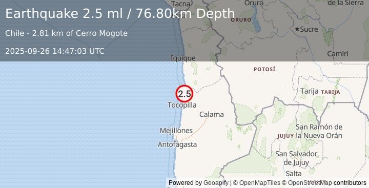 Earthquake ANTOFAGASTA, CHILE (2.5 ml) (2025-09-26 14:47:03 UTC)