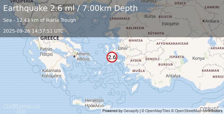 Earthquake DODECANESE ISLANDS, GREECE (2.6 ml) (2025-09-26 14:57:51 UTC)