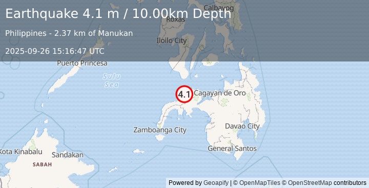 Earthquake MINDANAO, PHILIPPINES (4.1 m) (2025-09-26 15:16:47 UTC)